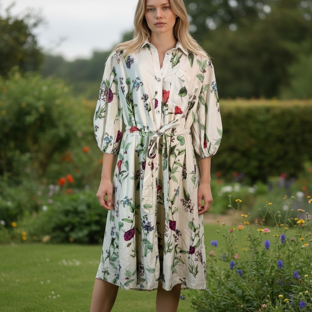 Maeve Womens L Mona Linen Shirt Dress Floral Belted Puff Sleeve Button Down